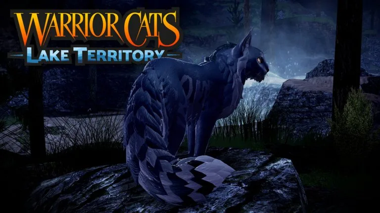 Official key art of a dark blue-gray cat with a striped tail sitting on a rock beside moonlit water, with the Warrior Cats Lake Territory logo.